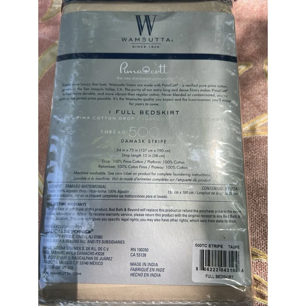Wamsutta Pima Cotton Full Bed Skirt 500 Thread Count Stripe Taupe 54
